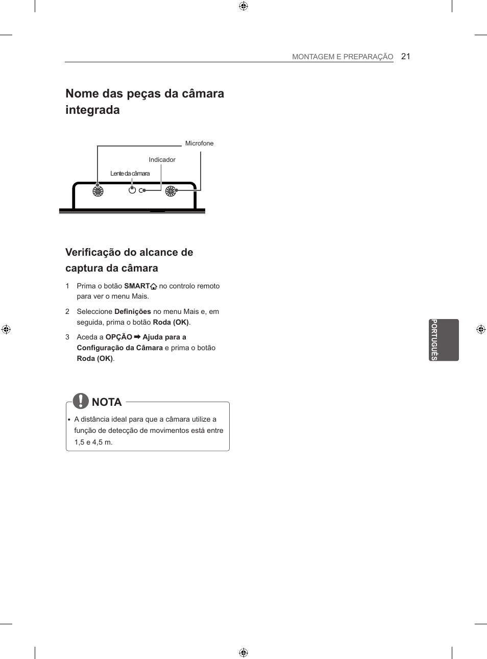 Nome das peças da câmara integrada, Nota, Verificação do alcance de captura da câmara | LG 60LA860V User Manual | Page 162 / 287