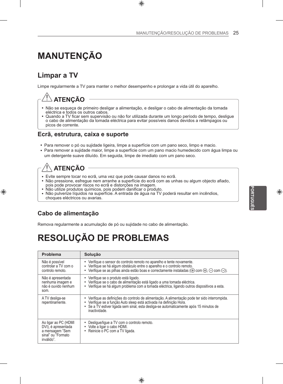 Manutenção, Resolução de problemas, Limpar a tv | Atenção, Ecrã, estrutura, caixa e suporte, Cabo de alimentação | LG 60LA860V User Manual | Page 166 / 287