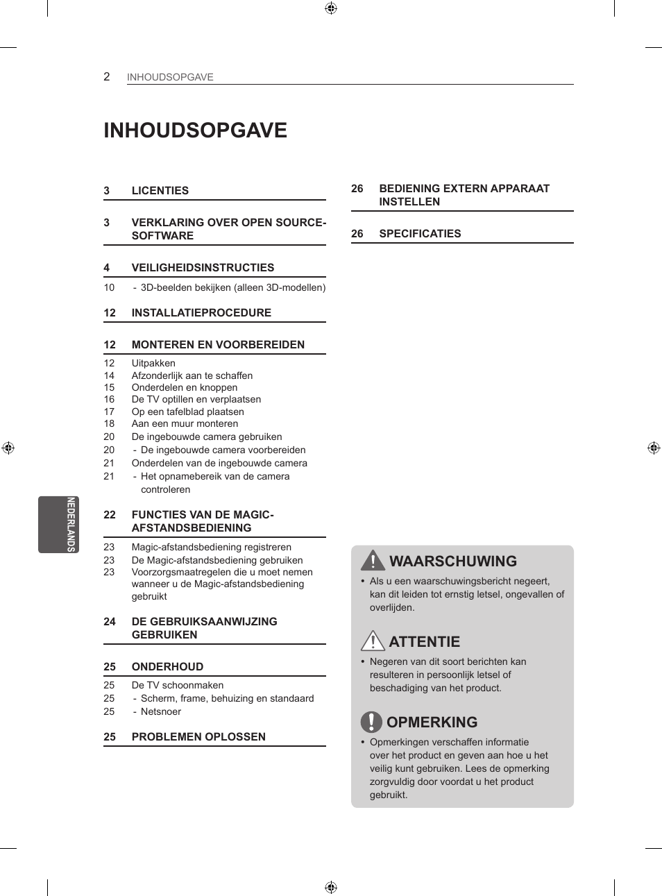 Inhoudsopgave, Waarschuwing, Attentie | Opmerking | LG 60LA860V User Manual | Page 169 / 287