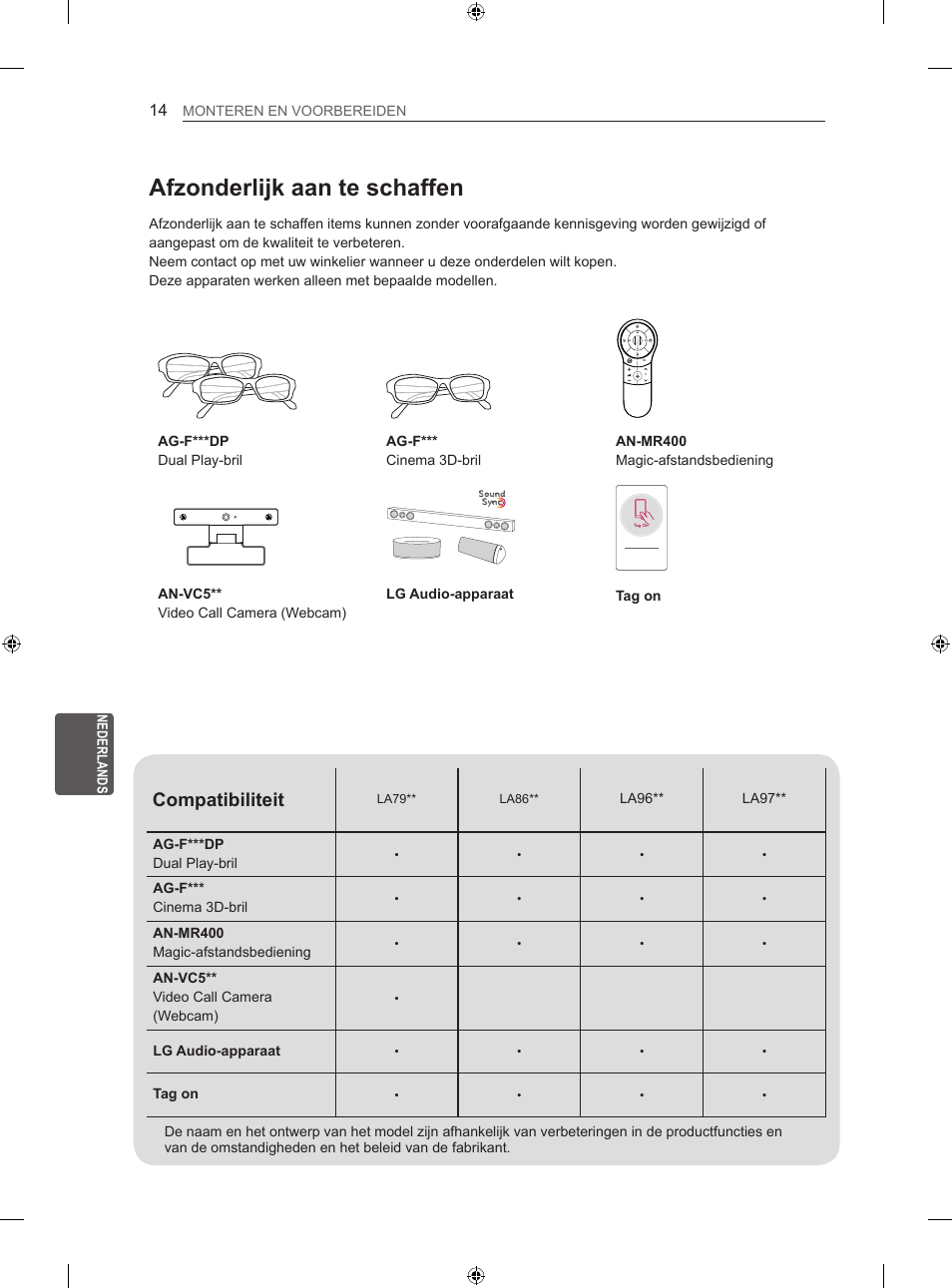 Afzonderlijk aan te schaffen, Compatibiliteit | LG 60LA860V User Manual | Page 181 / 287