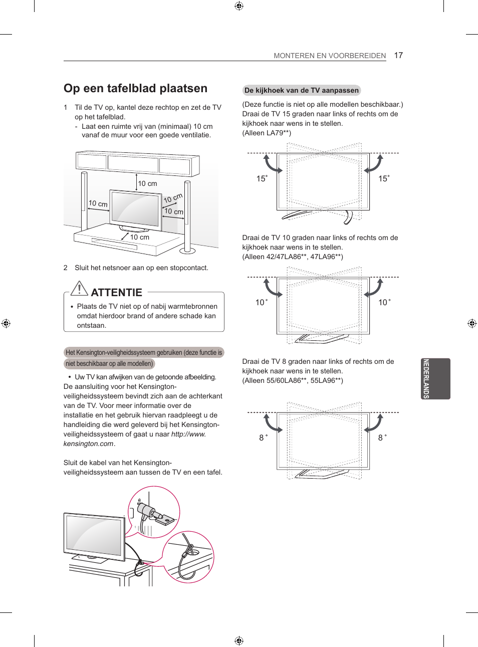 Op een tafelblad plaatsen, Attentie | LG 60LA860V User Manual | Page 184 / 287
