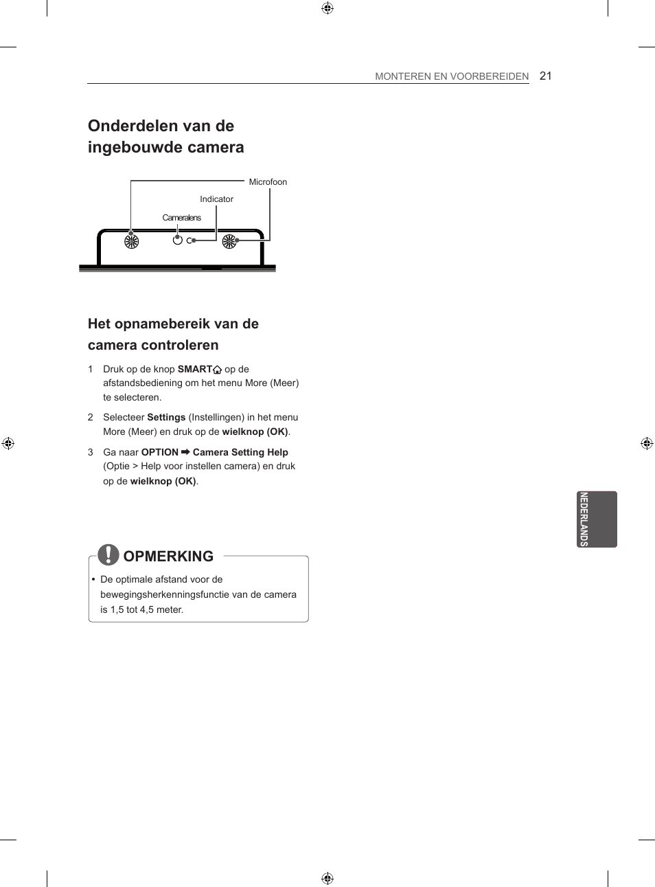 Onderdelen van de ingebouwde camera, Opmerking, Het opnamebereik van de camera controleren | LG 60LA860V User Manual | Page 188 / 287