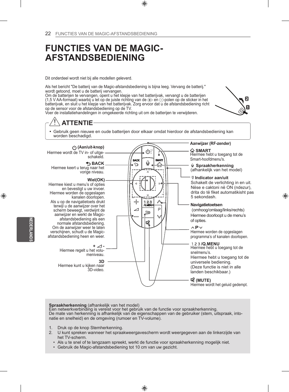 Functies van de magic- afstandsbediening, Attentie | LG 60LA860V User Manual | Page 189 / 287