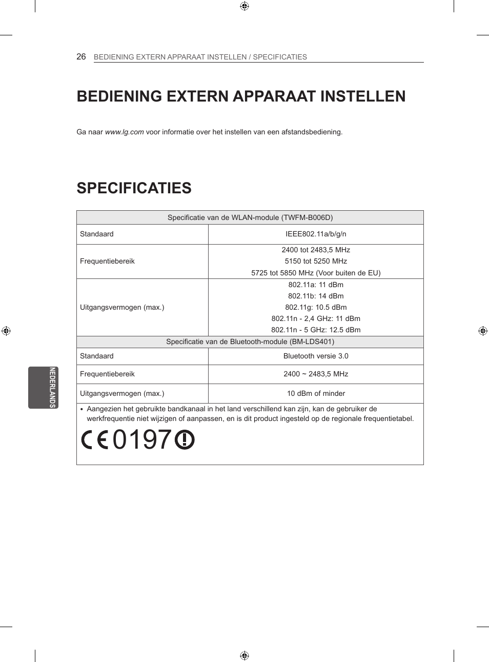 Specificaties, Bediening extern apparaat instellen | LG 60LA860V User Manual | Page 193 / 287