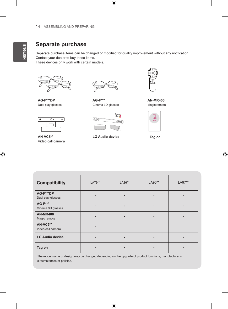 Separate purchase, Compatibility | LG 60LA860V User Manual | Page 21 / 287