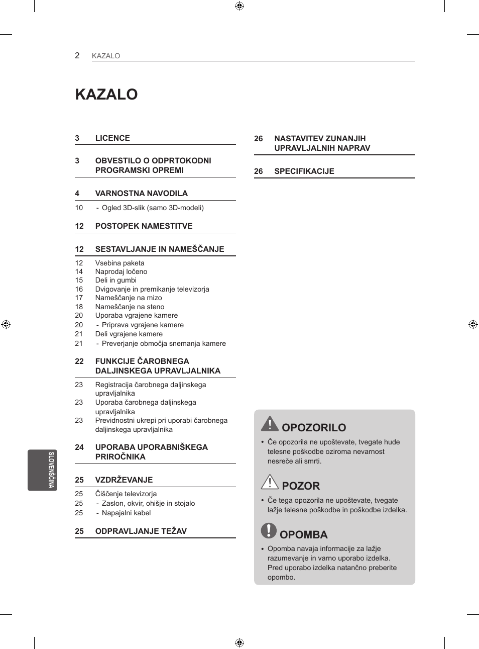 Kazalo, Opozorilo, Pozor | Opomba | LG 60LA860V User Manual | Page 221 / 287