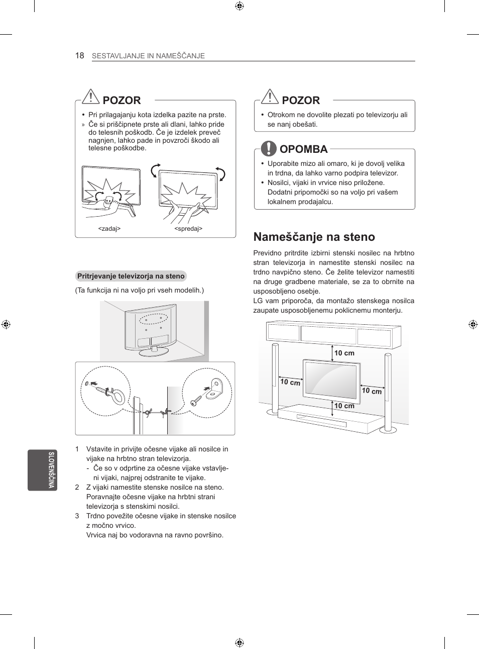 Nameščanje na steno, Pozor, Opomba | LG 60LA860V User Manual | Page 237 / 287