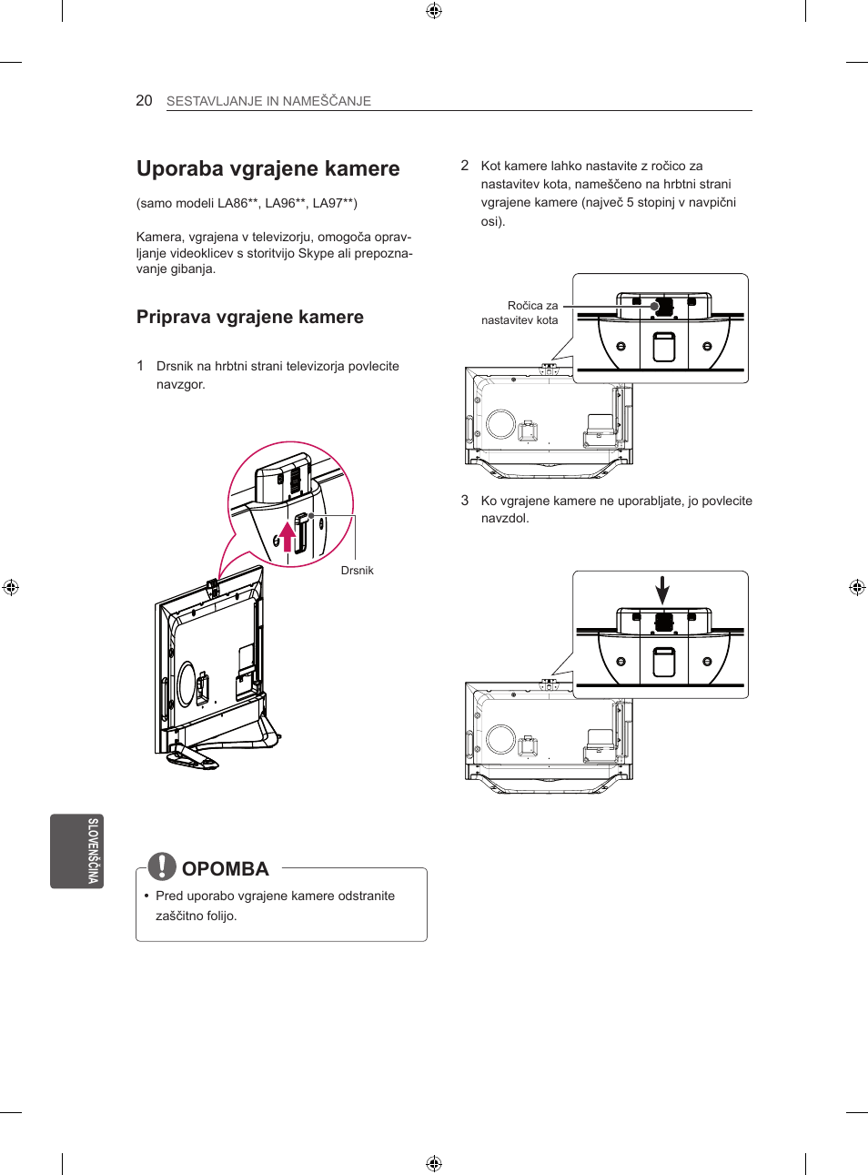 Uporaba vgrajene kamere, Opomba, Priprava vgrajene kamere | LG 60LA860V User Manual | Page 239 / 287