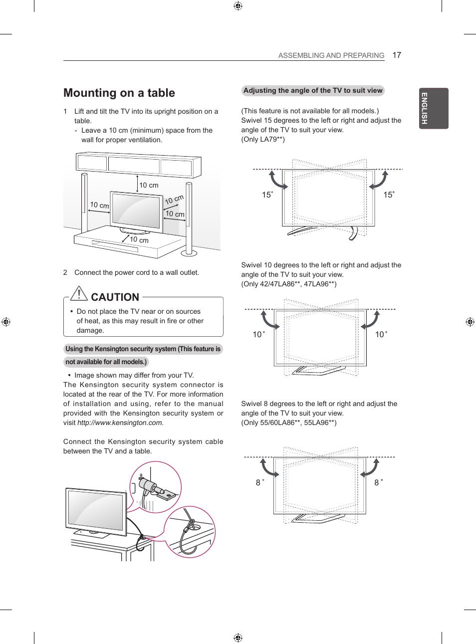 Mounting on a table, Caution | LG 60LA860V User Manual | Page 24 / 287