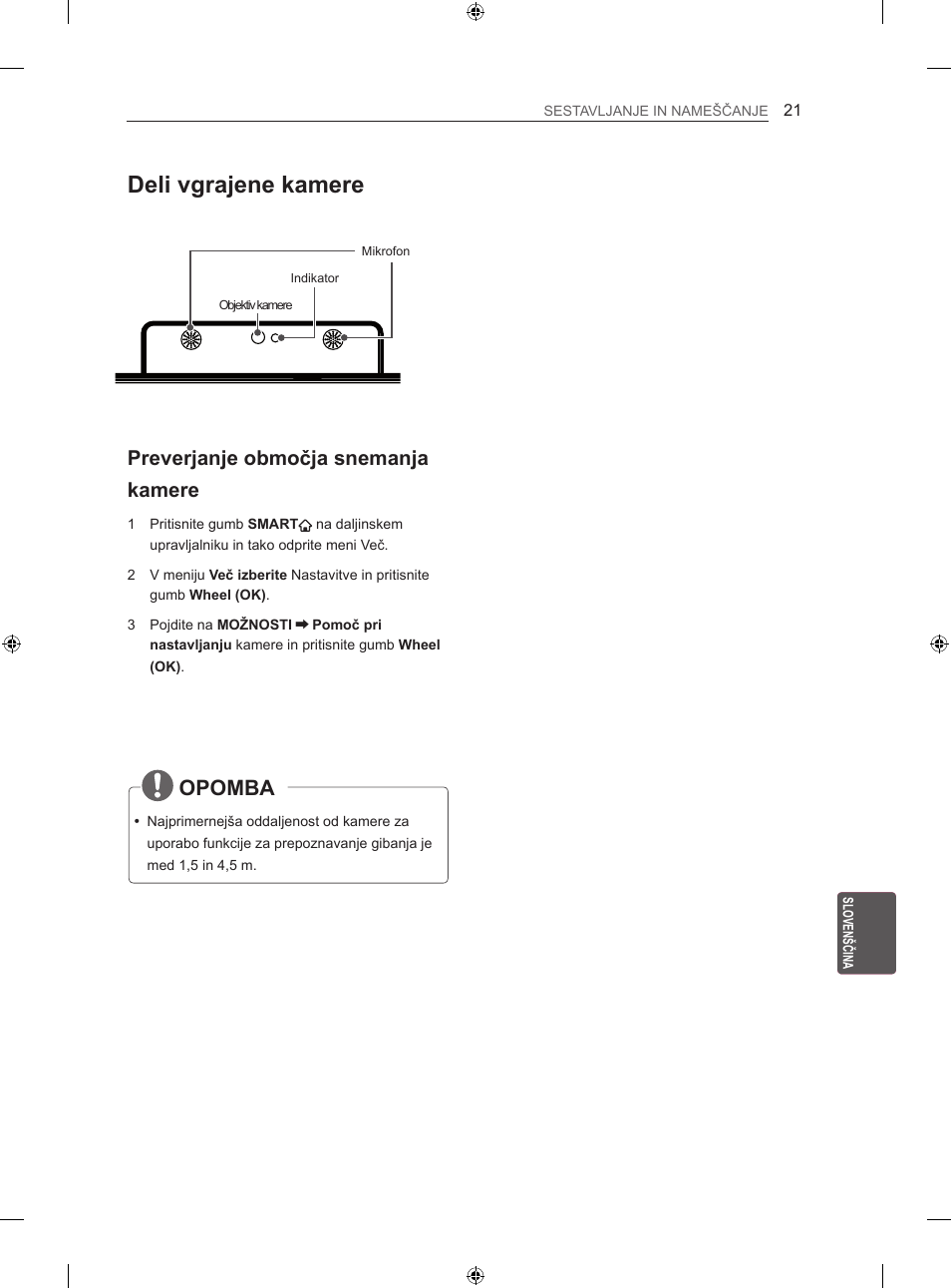 Deli vgrajene kamere, Opomba, Preverjanje območja snemanja kamere | LG 60LA860V User Manual | Page 240 / 287