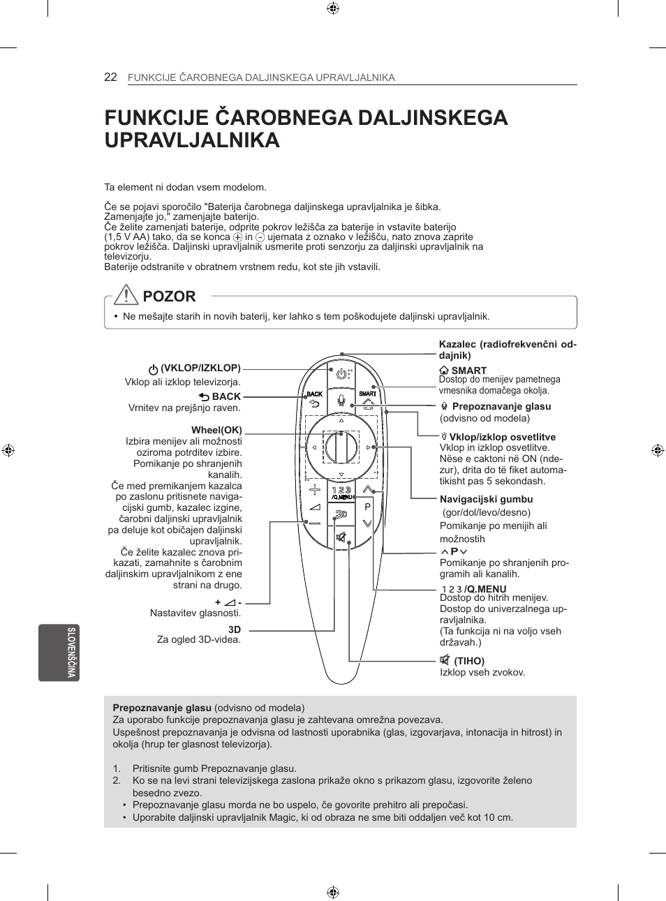 Funkcije čarobnega daljinskega upravljalnika, Pozor | LG 60LA860V User Manual | Page 241 / 287