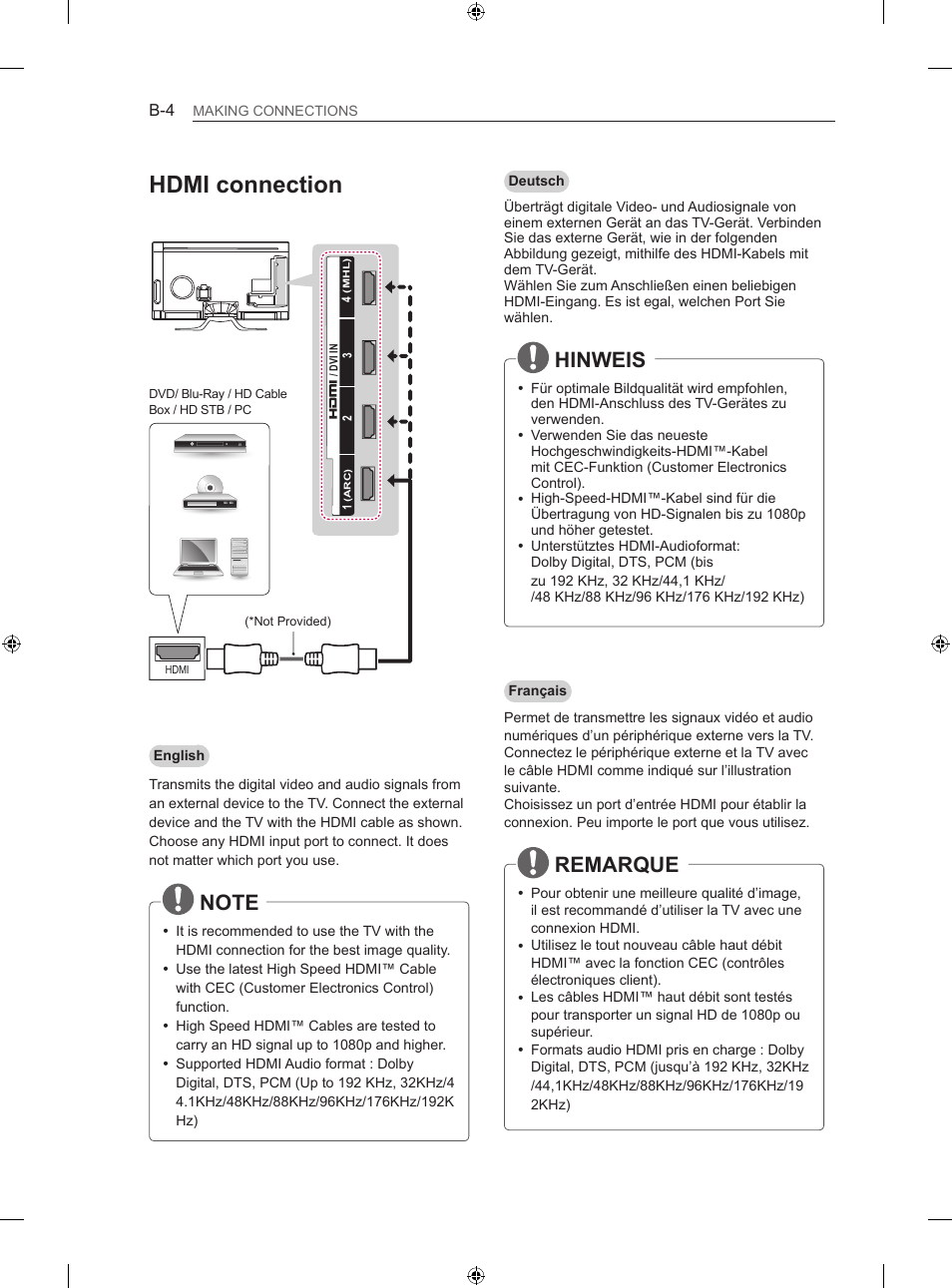 Hdmi connection, Hinweis, Remarque | LG 60LA860V User Manual | Page 249 / 287