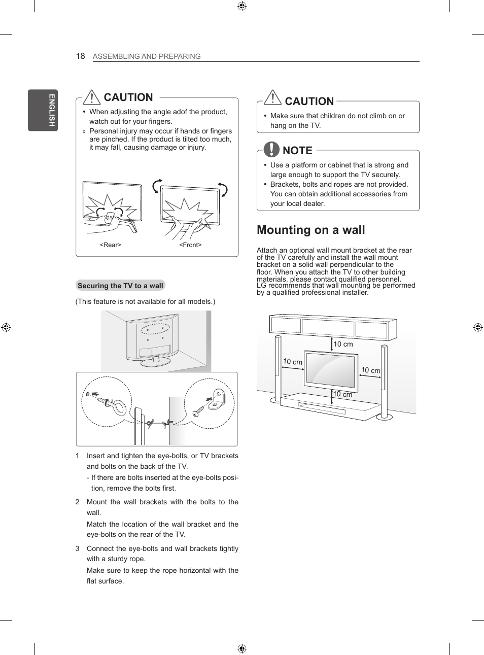 Mounting on a wall, Caution | LG 60LA860V User Manual | Page 25 / 287