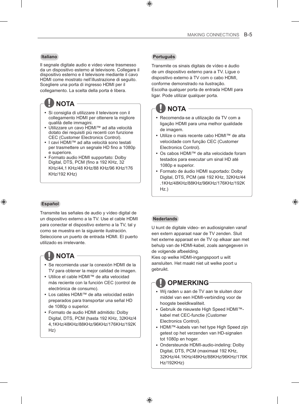 Nota, Opmerking | LG 60LA860V User Manual | Page 250 / 287