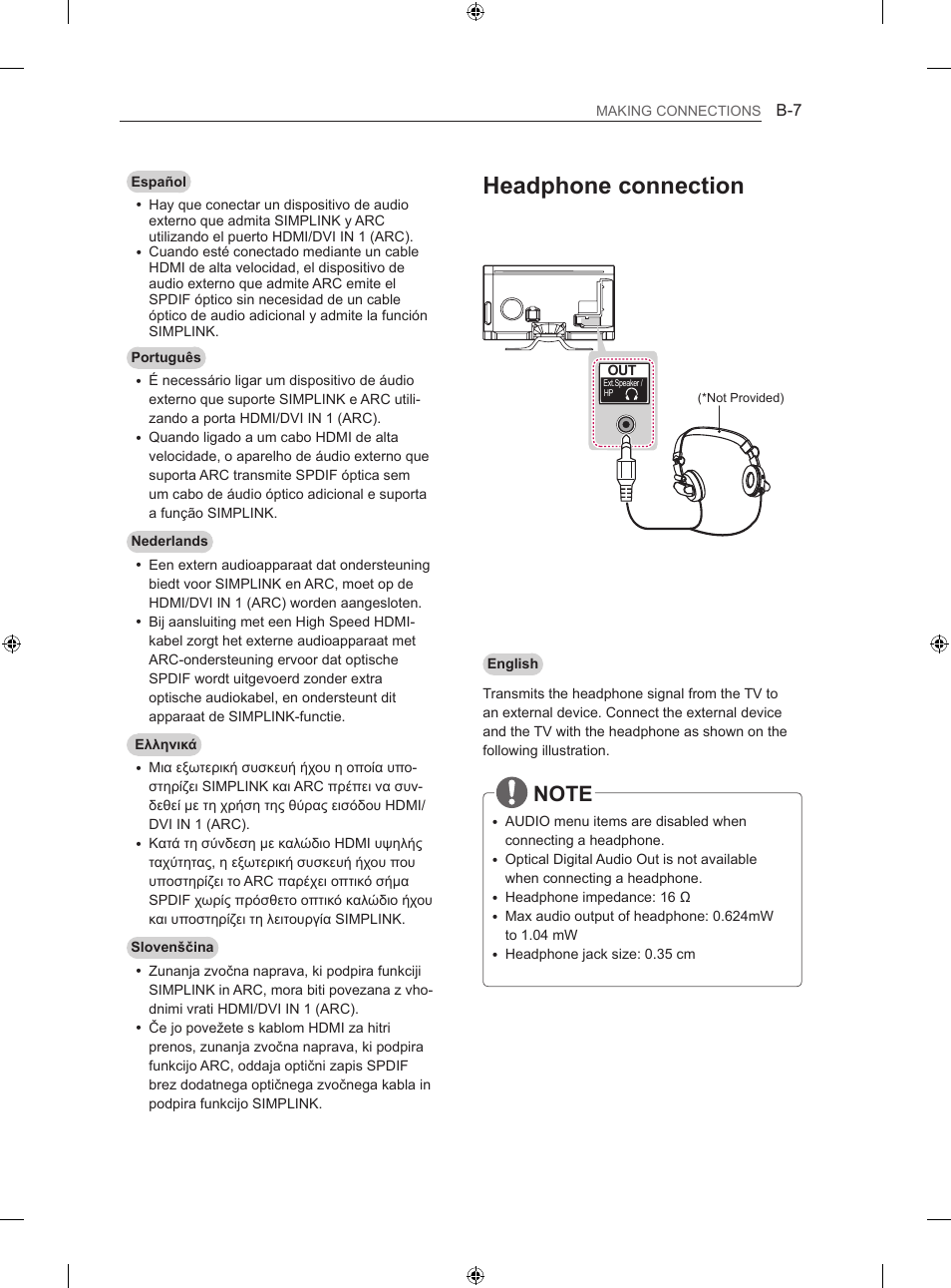 Headphone connection | LG 60LA860V User Manual | Page 252 / 287