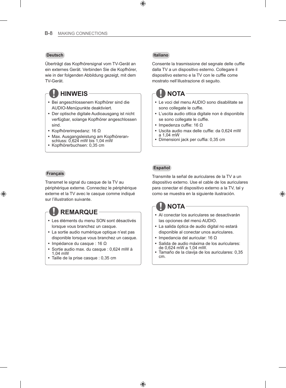 Hinweis, Remarque, Nota | LG 60LA860V User Manual | Page 253 / 287
