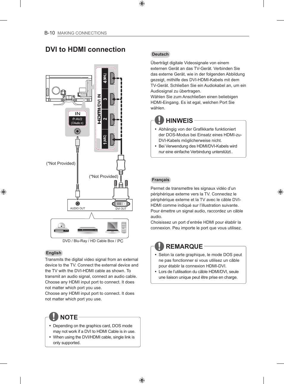 Dvi to hdmi connection, Hinweis, Remarque | LG 60LA860V User Manual | Page 255 / 287
