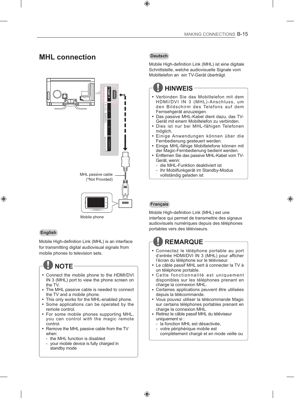 Mhl connection, Hinweis, Remarque | LG 60LA860V User Manual | Page 260 / 287