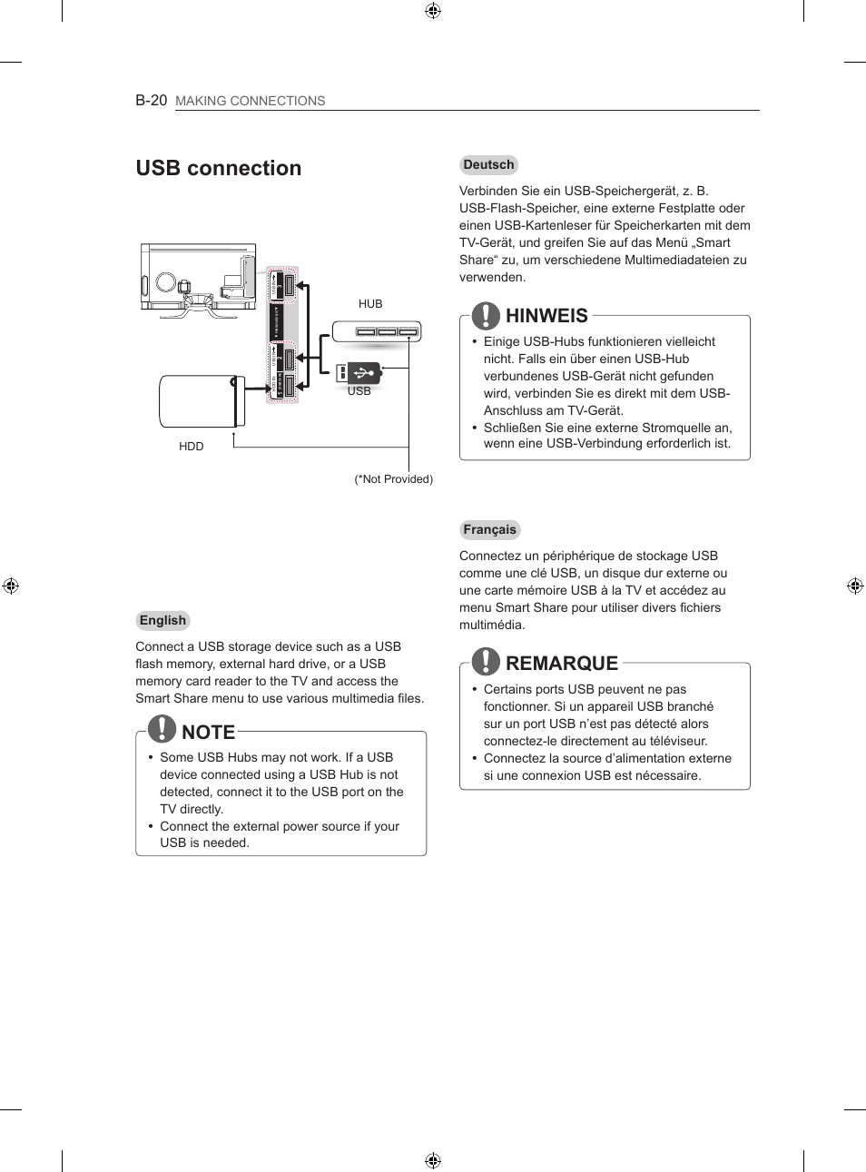 Usb connection, Hinweis, Remarque | B-20 | LG 60LA860V User Manual | Page 265 / 287