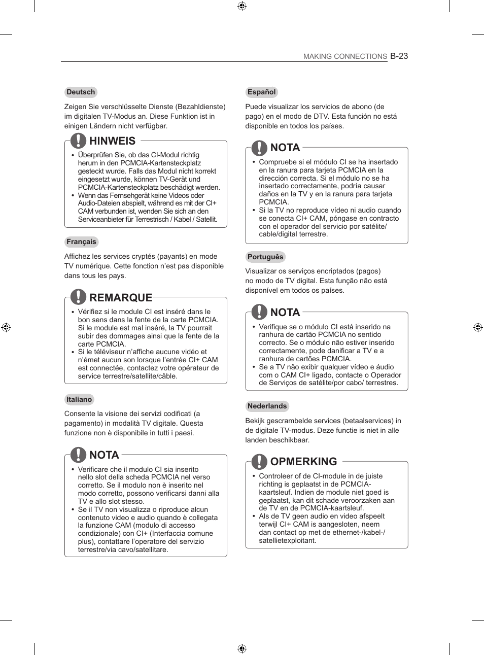 Hinweis, Remarque, Nota | Opmerking | LG 60LA860V User Manual | Page 268 / 287