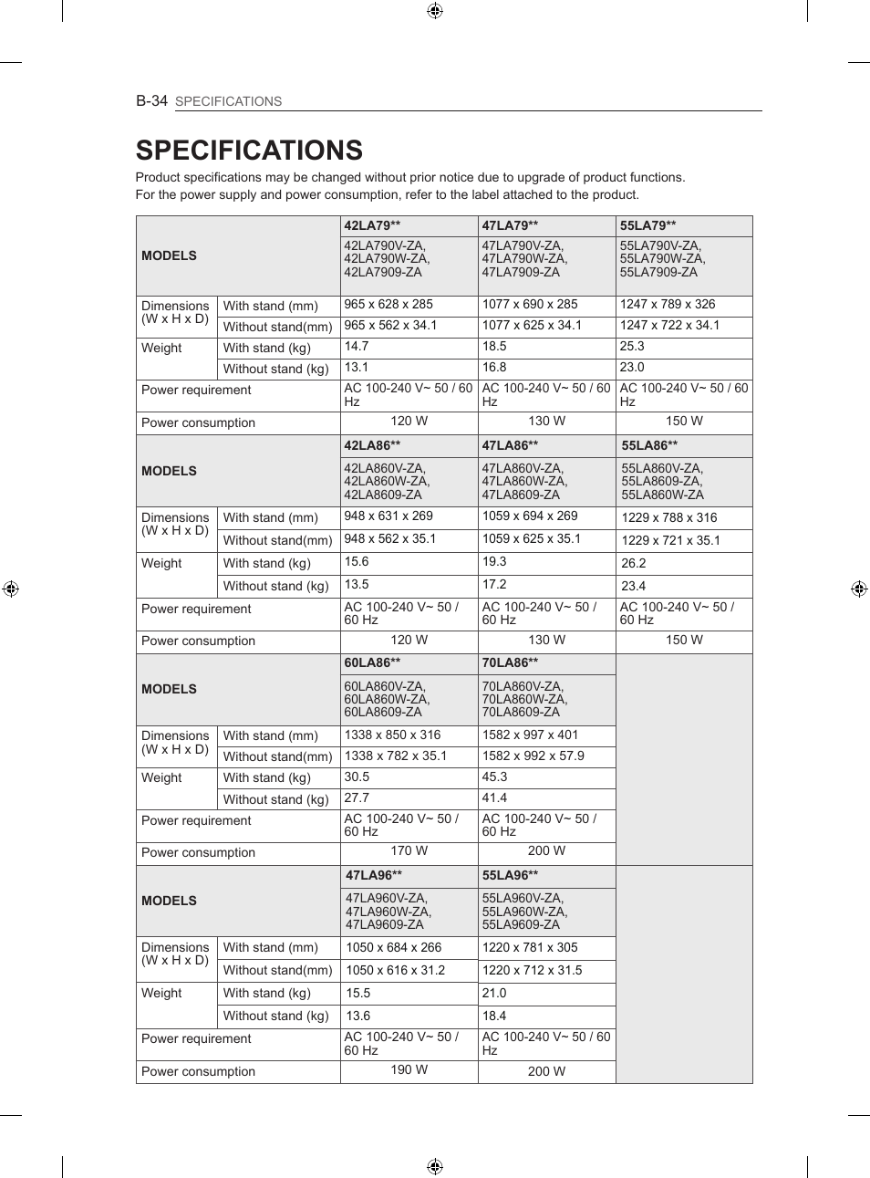 Specifications | LG 60LA860V User Manual | Page 279 / 287