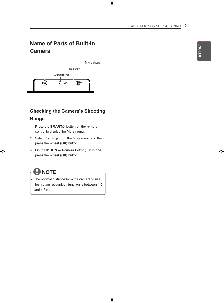 Name of parts of built-in camera, Checking the camera's shooting range | LG 60LA860V User Manual | Page 28 / 287