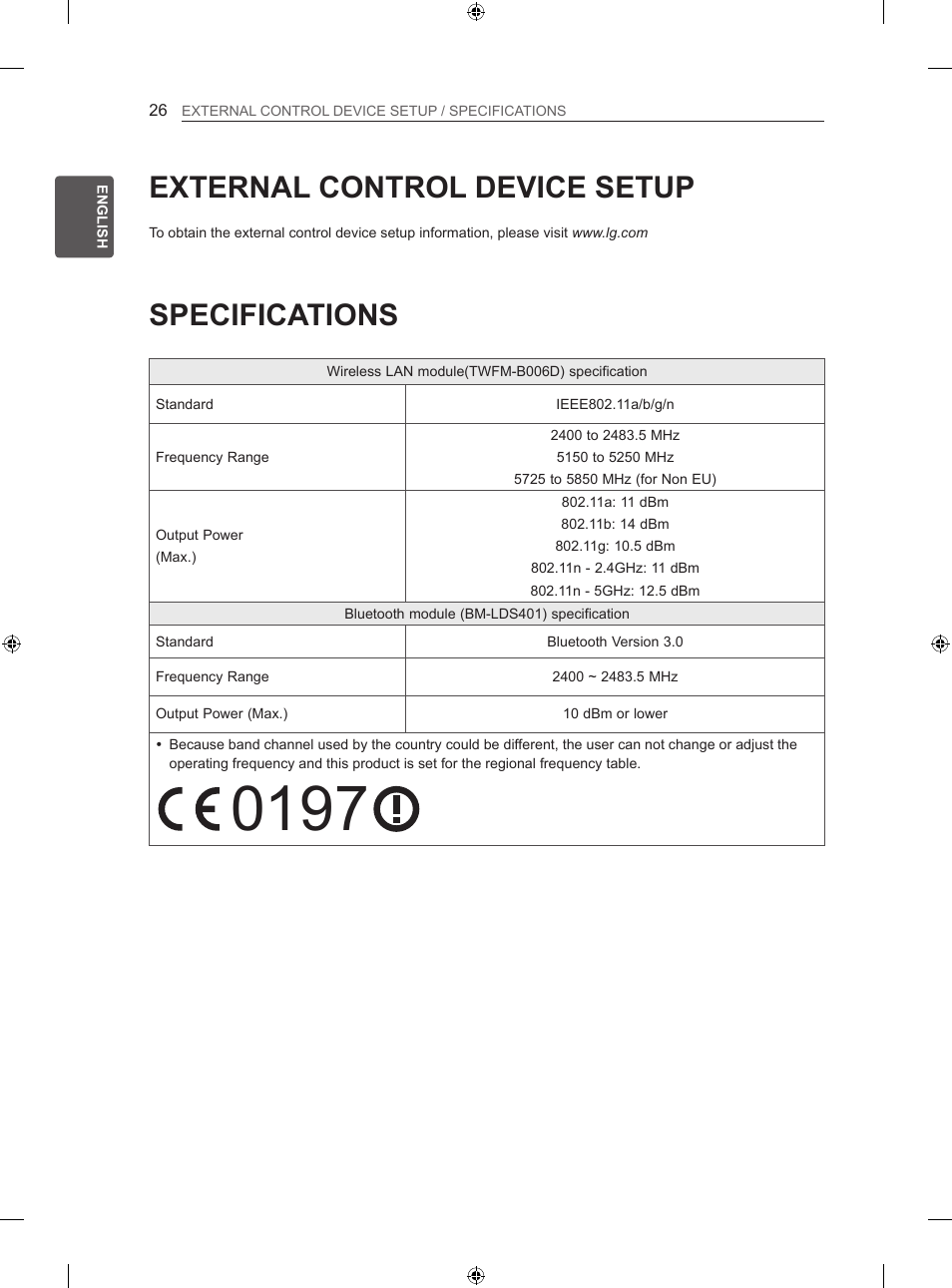 Specifications, External control device setup | LG 60LA860V User Manual | Page 33 / 287