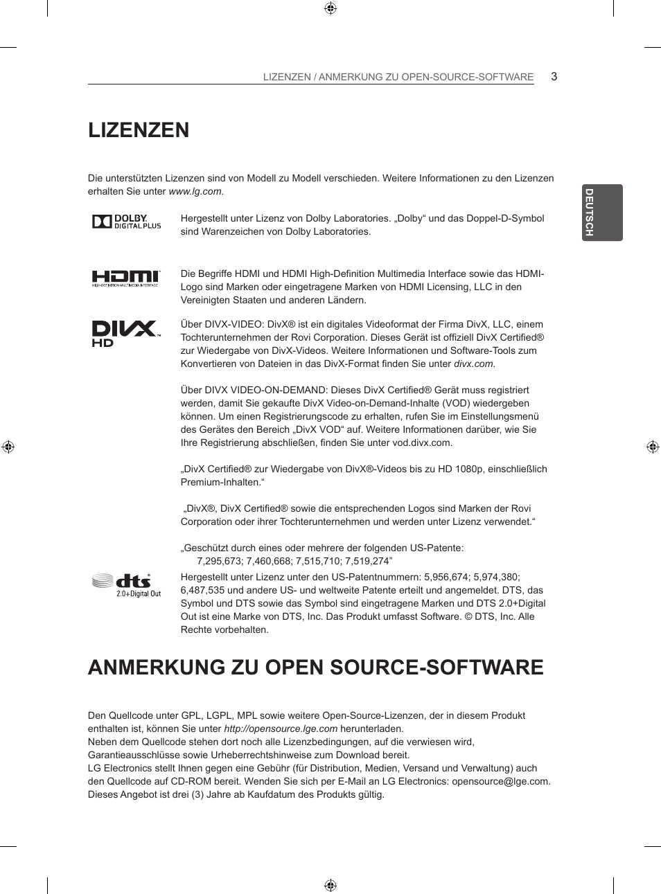 Lizenzen, Anmerkung zu open source-software | LG 60LA860V User Manual | Page 36 / 287