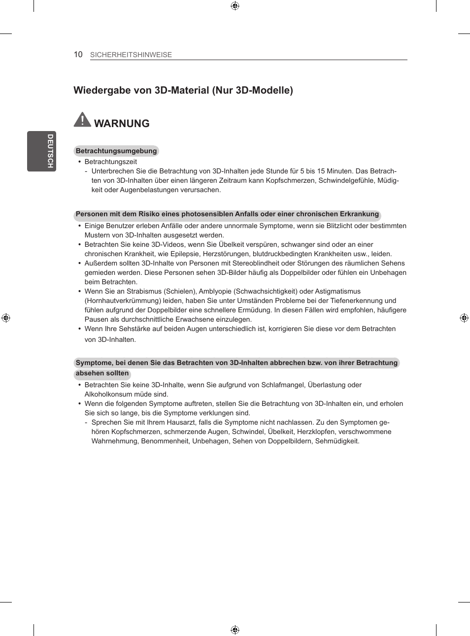 Warnung, Wiedergabe von 3d-material (nur 3d-modelle) | LG 60LA860V User Manual | Page 43 / 287