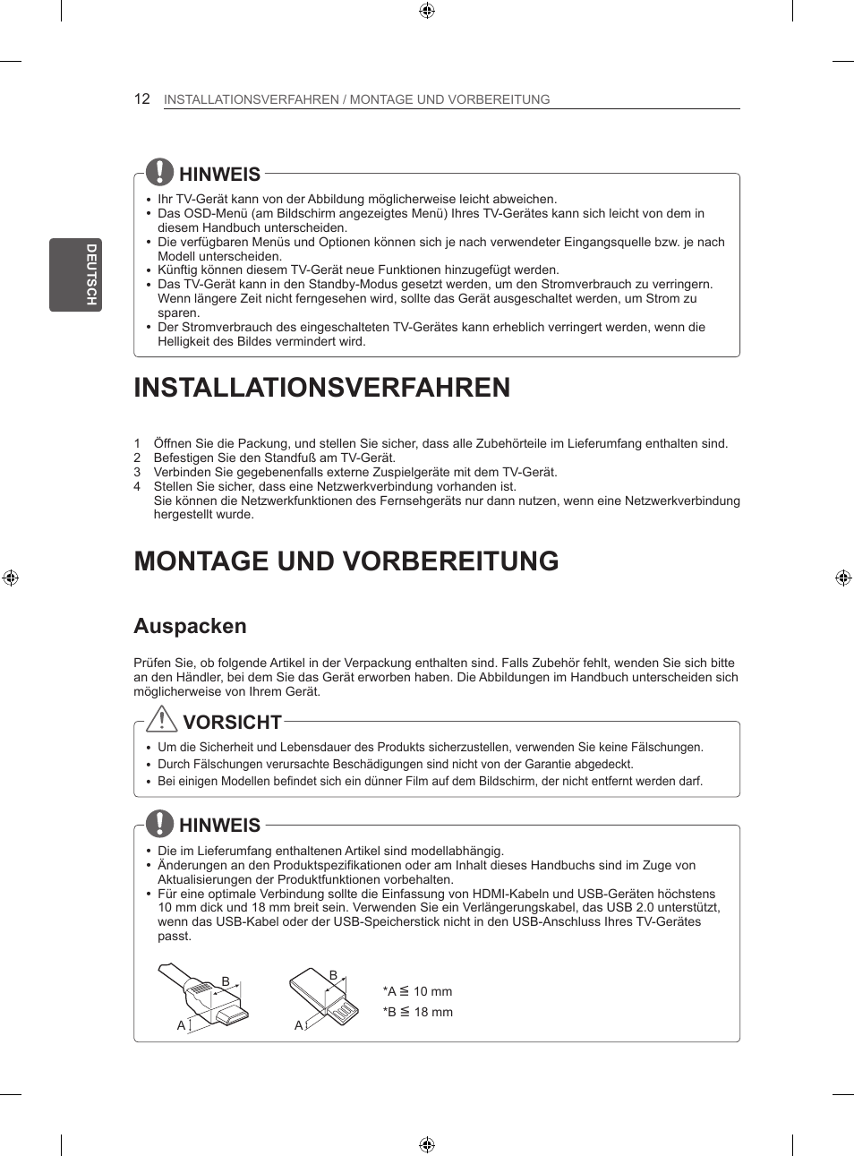 Installationsverfahren, Montage und vorbereitung, Auspacken | Hinweis, Vorsicht | LG 60LA860V User Manual | Page 45 / 287