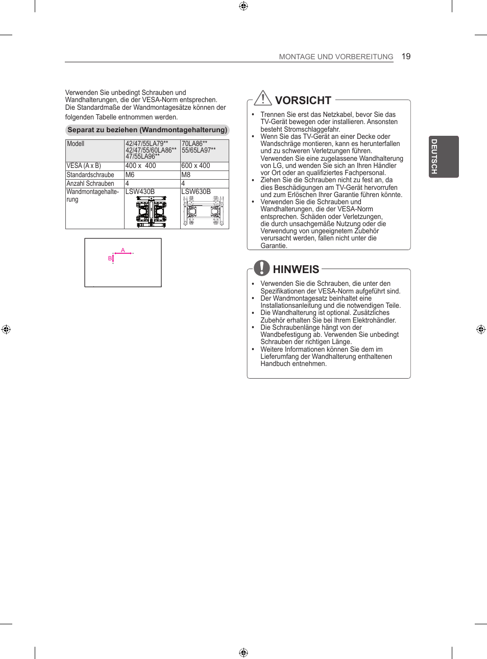 Vorsicht, Hinweis | LG 60LA860V User Manual | Page 52 / 287