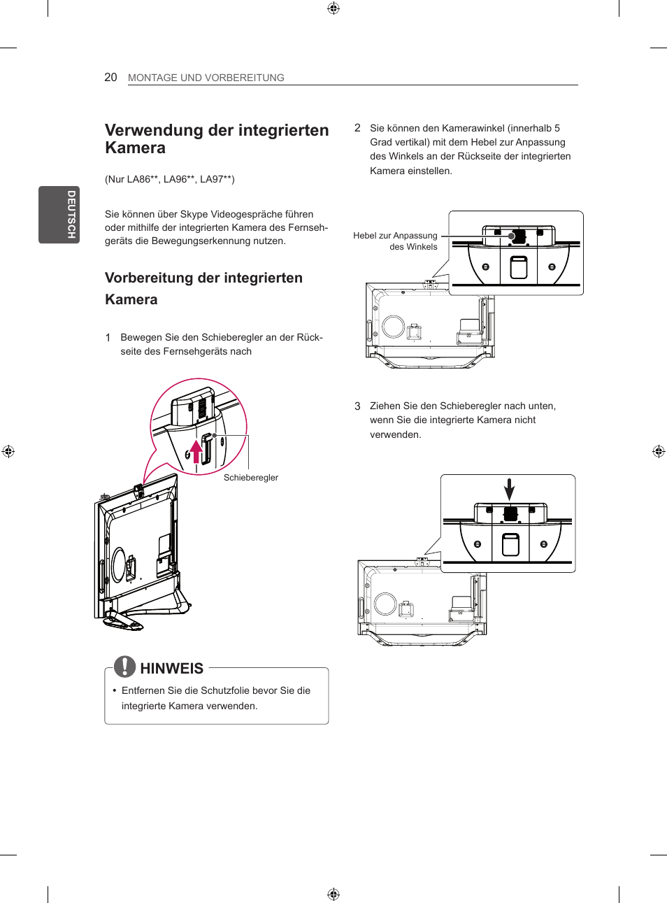 Verwendung der integrierten kamera, Hinweis, Vorbereitung der integrierten kamera | LG 60LA860V User Manual | Page 53 / 287