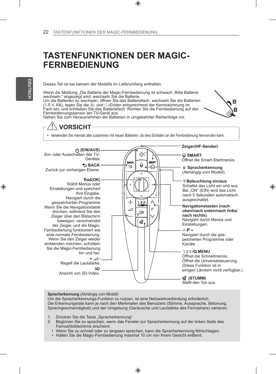 Tastenfunktionen der magic- fernbedienung, Vorsicht | LG 60LA860V User Manual | Page 55 / 287