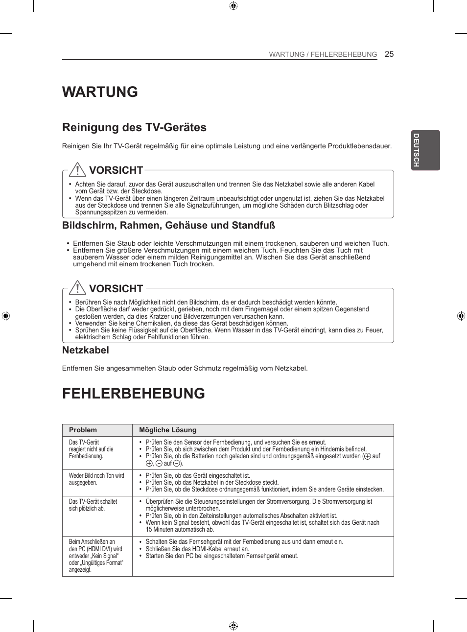 Wartung, Fehlerbehebung, Reinigung des tv-gerätes | Vorsicht, Bildschirm, rahmen, gehäuse und standfuß, Netzkabel | LG 60LA860V User Manual | Page 58 / 287