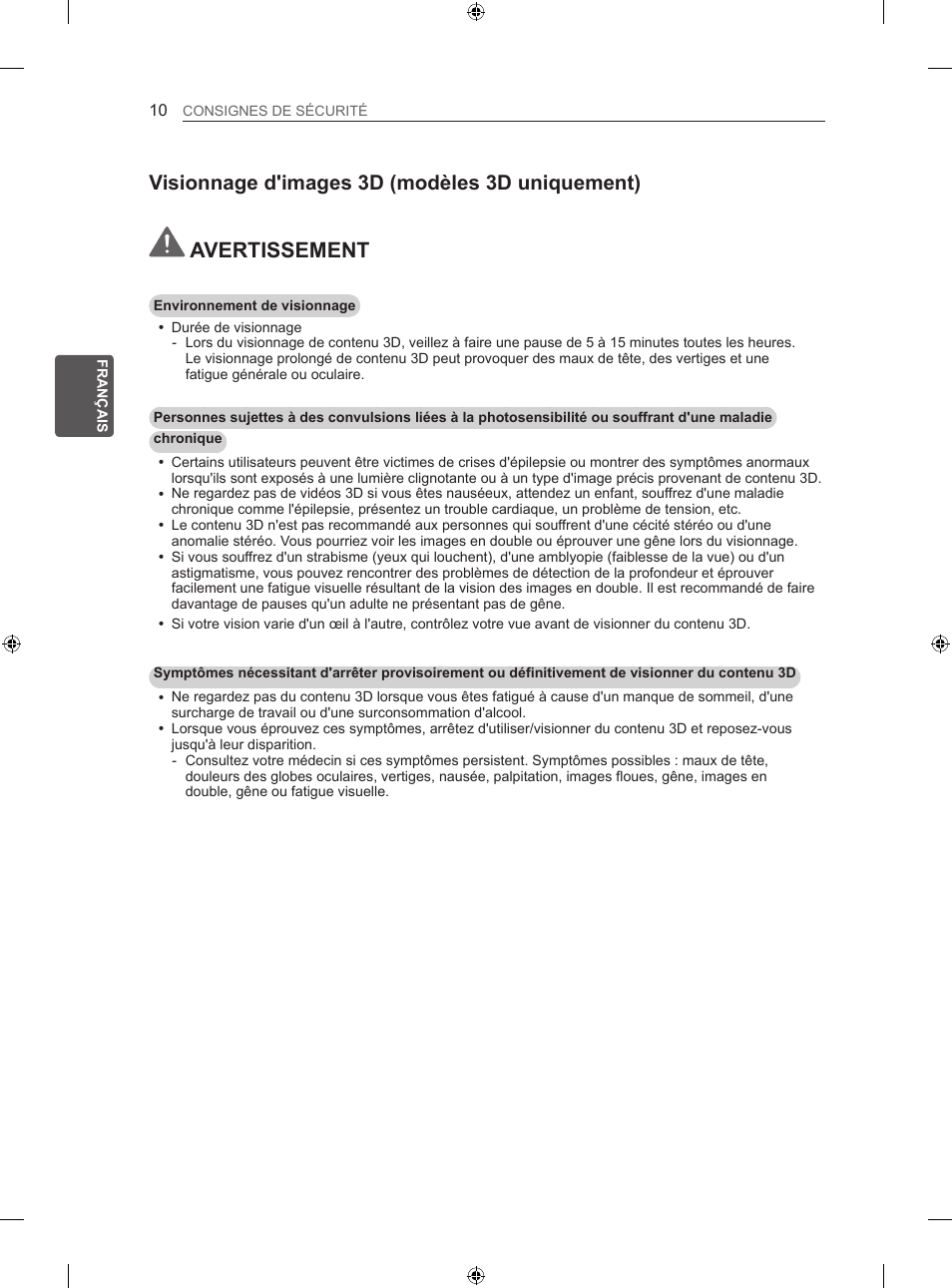 Avertissement, Visionnage d'images 3d (modèles 3d uniquement) | LG 60LA860V User Manual | Page 69 / 287