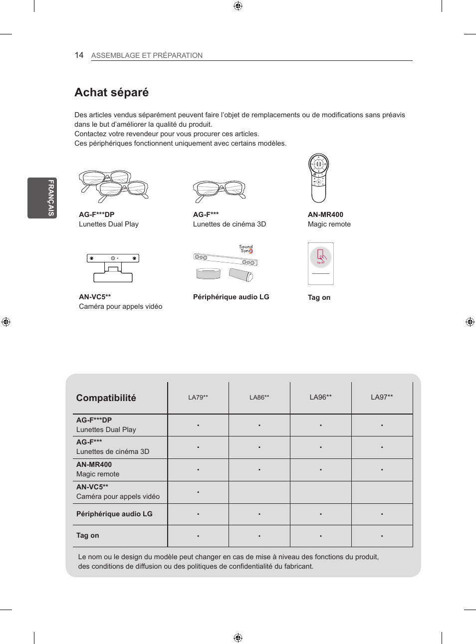 Achat séparé, Compatibilité | LG 60LA860V User Manual | Page 73 / 287