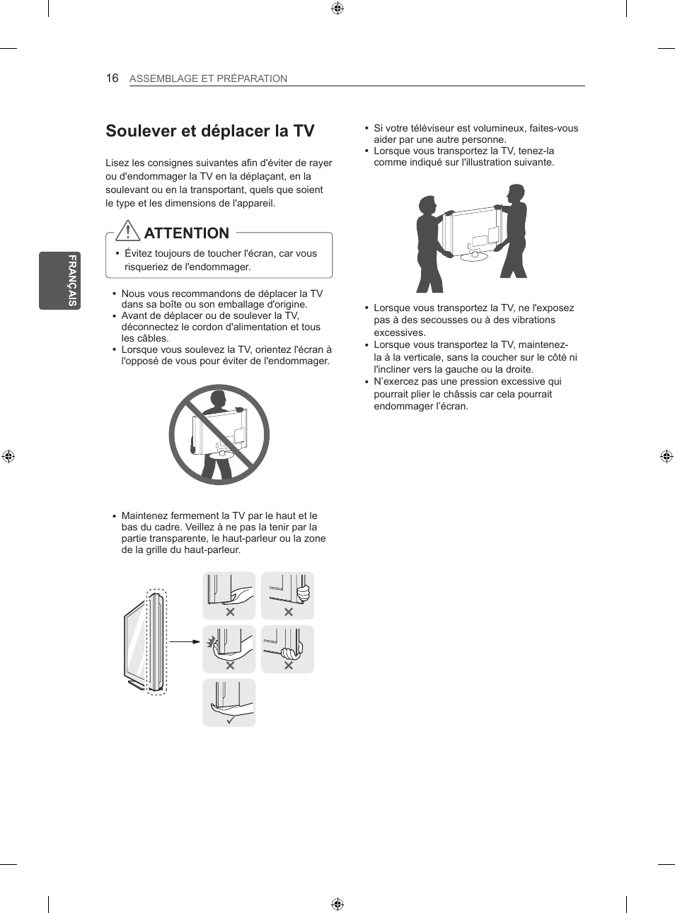 Soulever et déplacer la tv, Attention | LG 60LA860V User Manual | Page 75 / 287