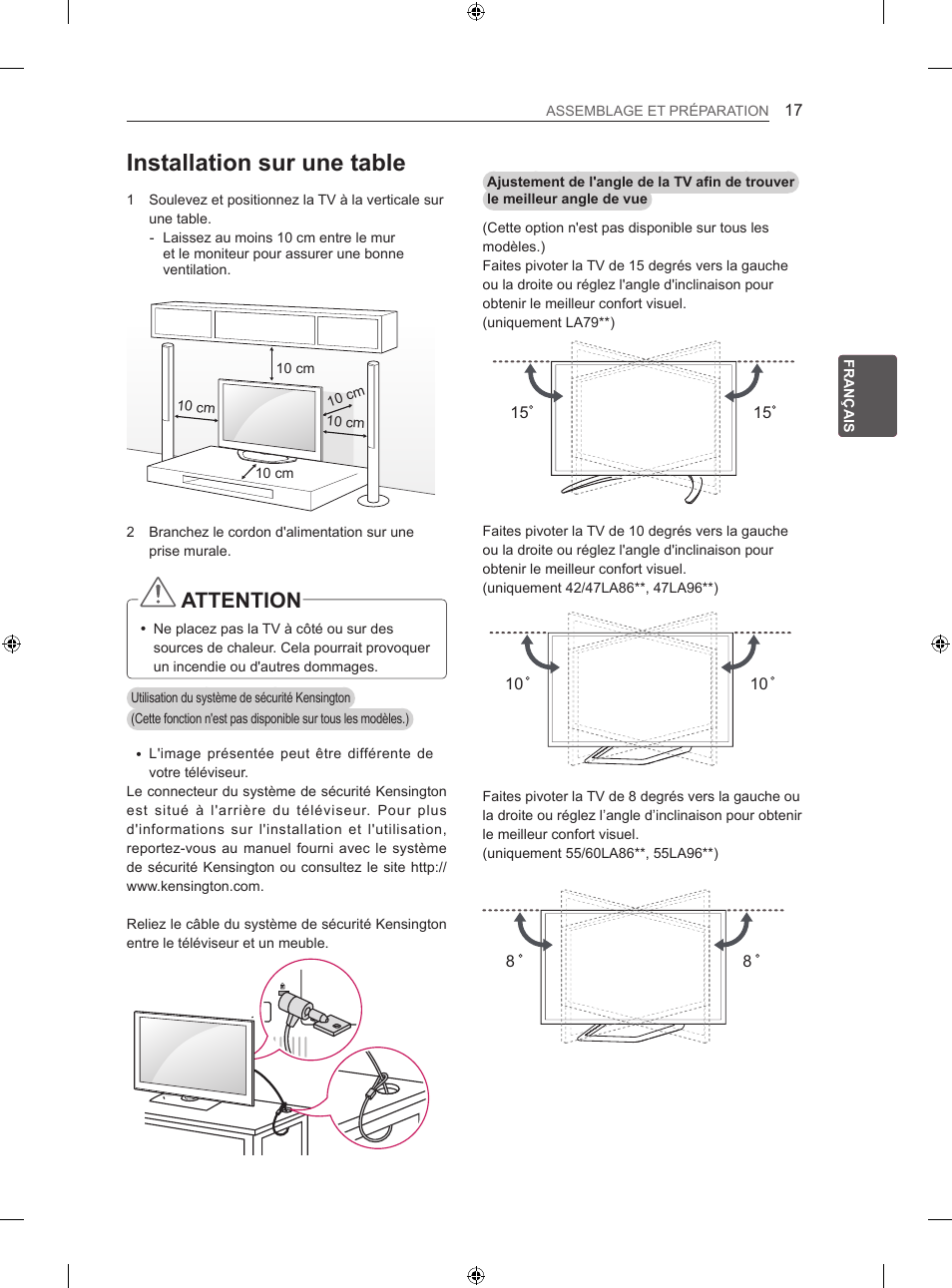 Installation sur une table, Attention | LG 60LA860V User Manual | Page 76 / 287