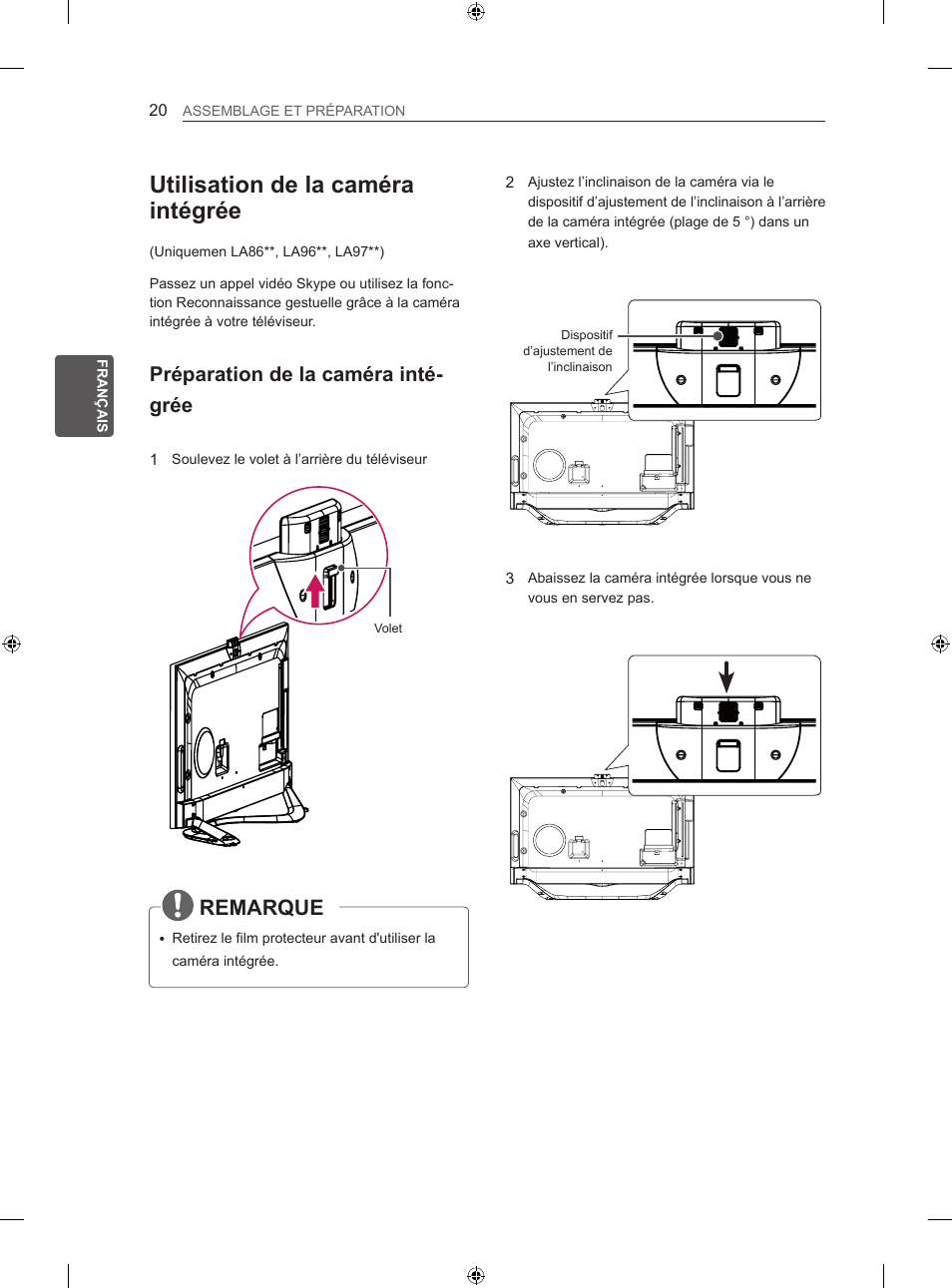 Utilisation de la caméra intégrée, Remarque, Préparation de la caméra inté- grée | LG 60LA860V User Manual | Page 79 / 287
