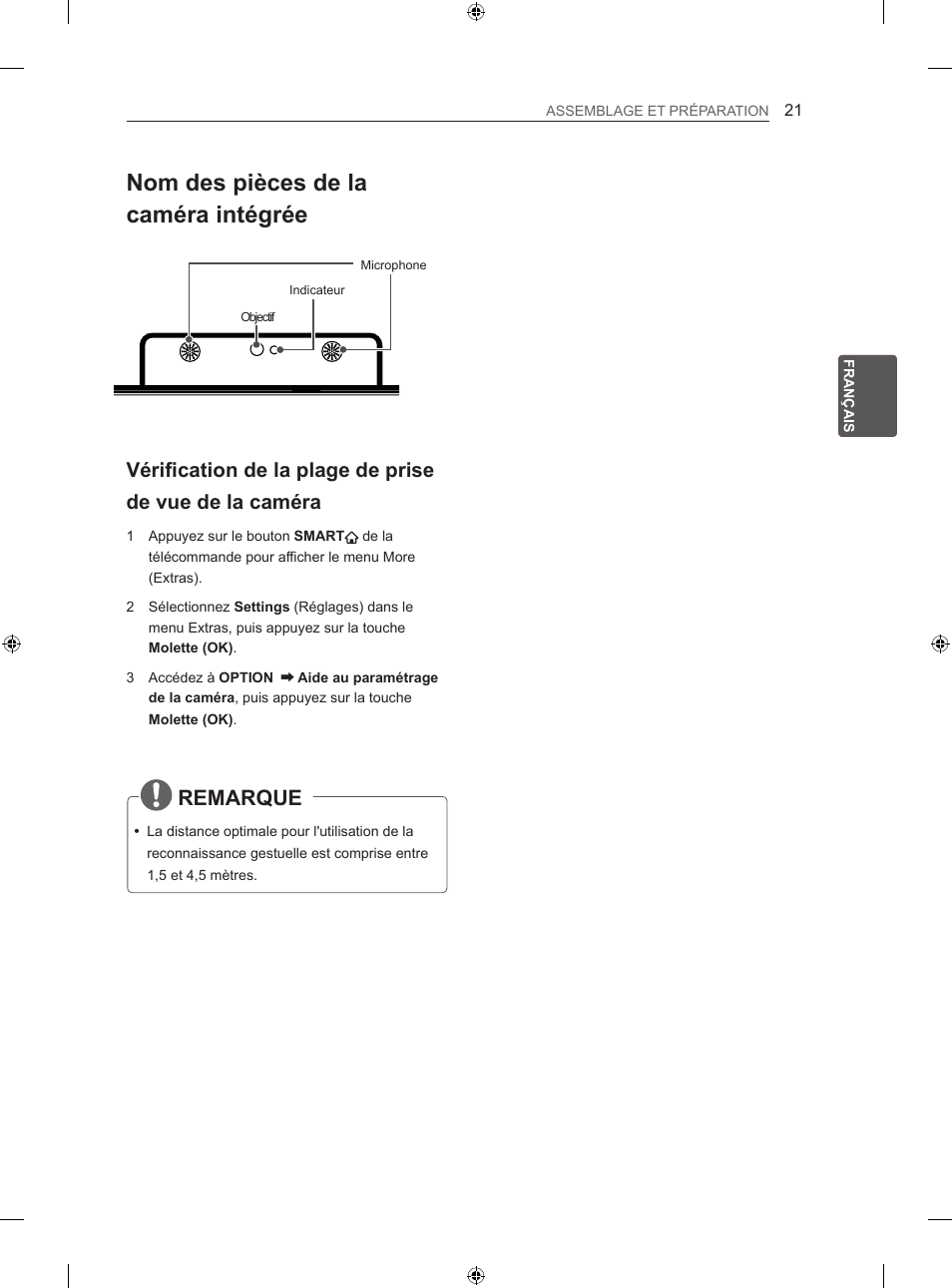 Nom des pièces de la caméra intégrée, Remarque | LG 60LA860V User Manual | Page 80 / 287