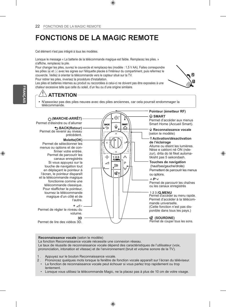 Fonctions de la magic remote, Attention | LG 60LA860V User Manual | Page 81 / 287