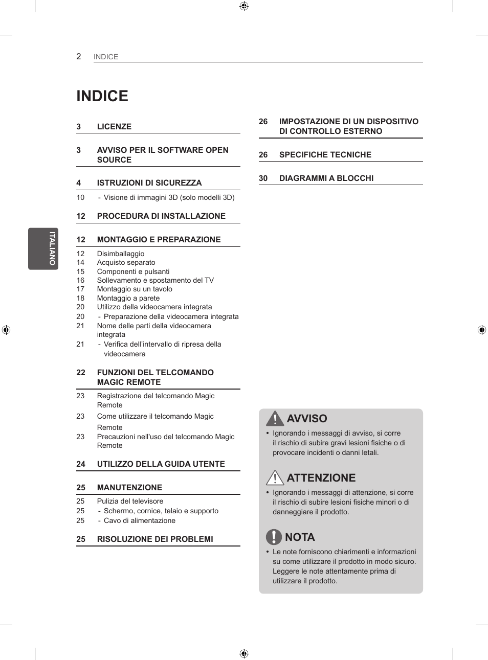 Indice, Avviso, Attenzione | Nota | LG 60LA860V User Manual | Page 87 / 287