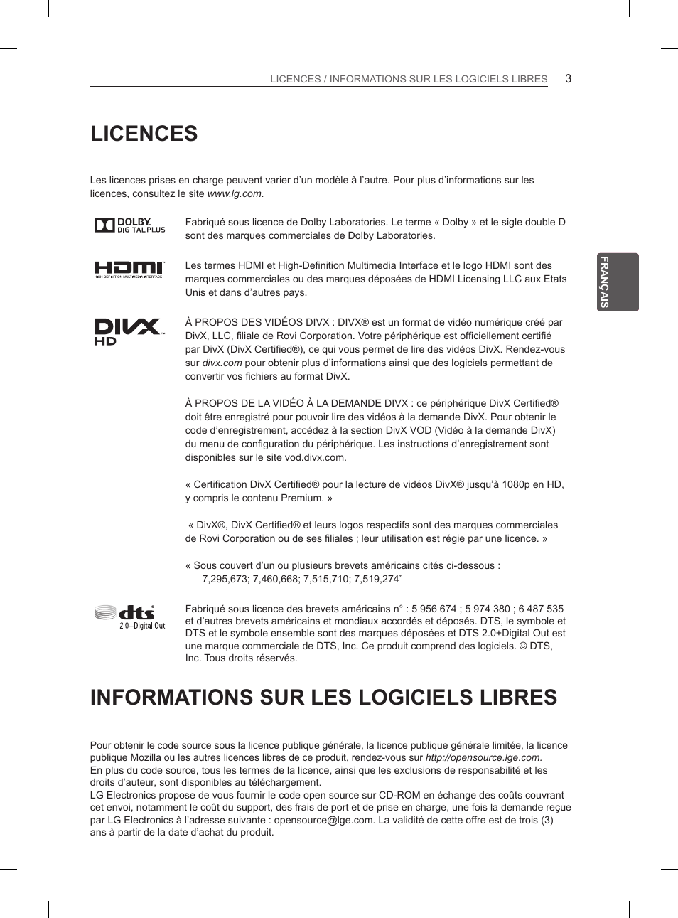 Licences, Informations sur les logiciels libres | LG 55EA980V User Manual | Page 102 / 319