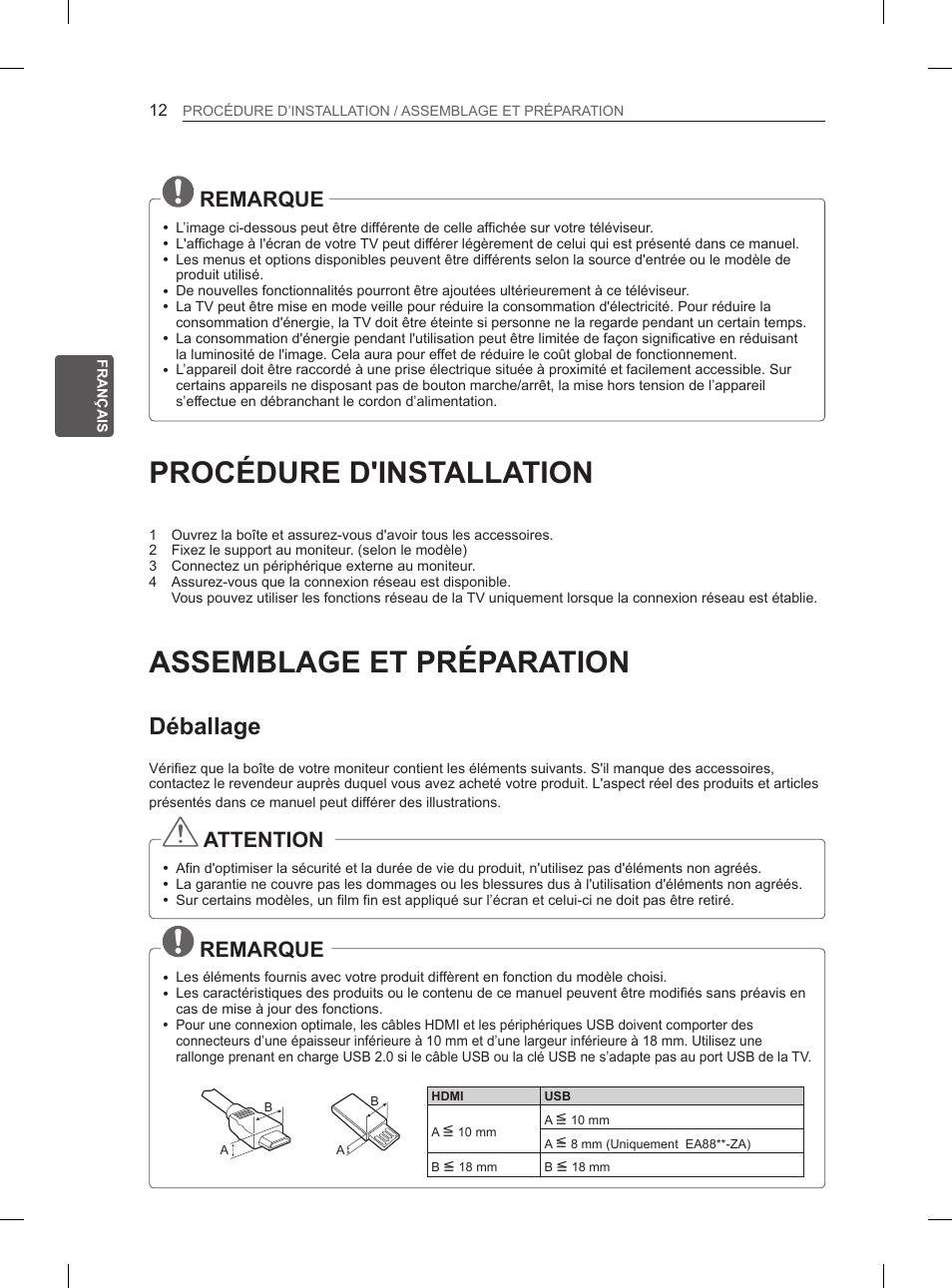 Procédure d'installation, Assemblage et préparation, Déballage | Remarque, Attention | LG 55EA980V User Manual | Page 111 / 319