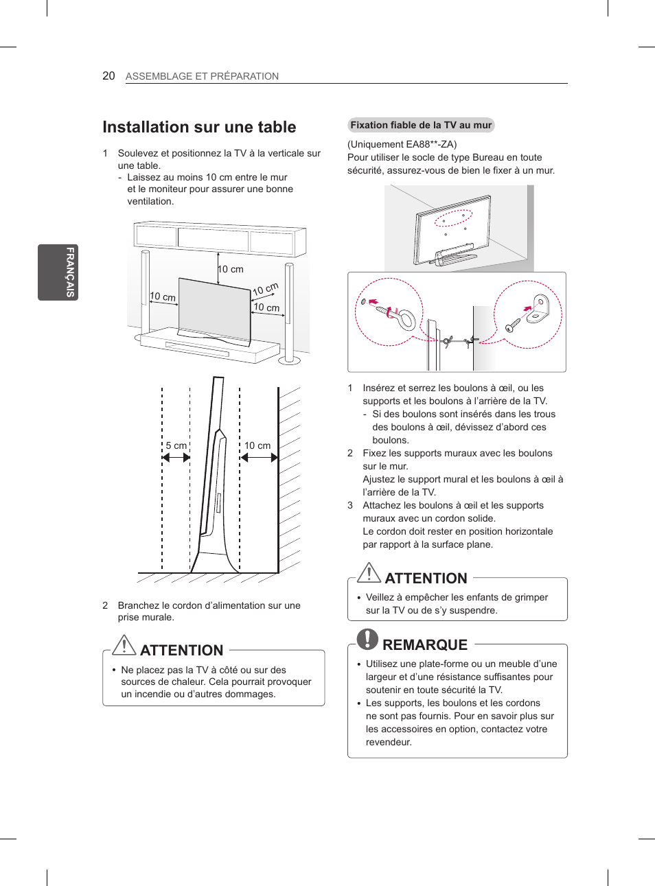 Installation sur une table, Attention, Remarque | LG 55EA980V User Manual | Page 119 / 319