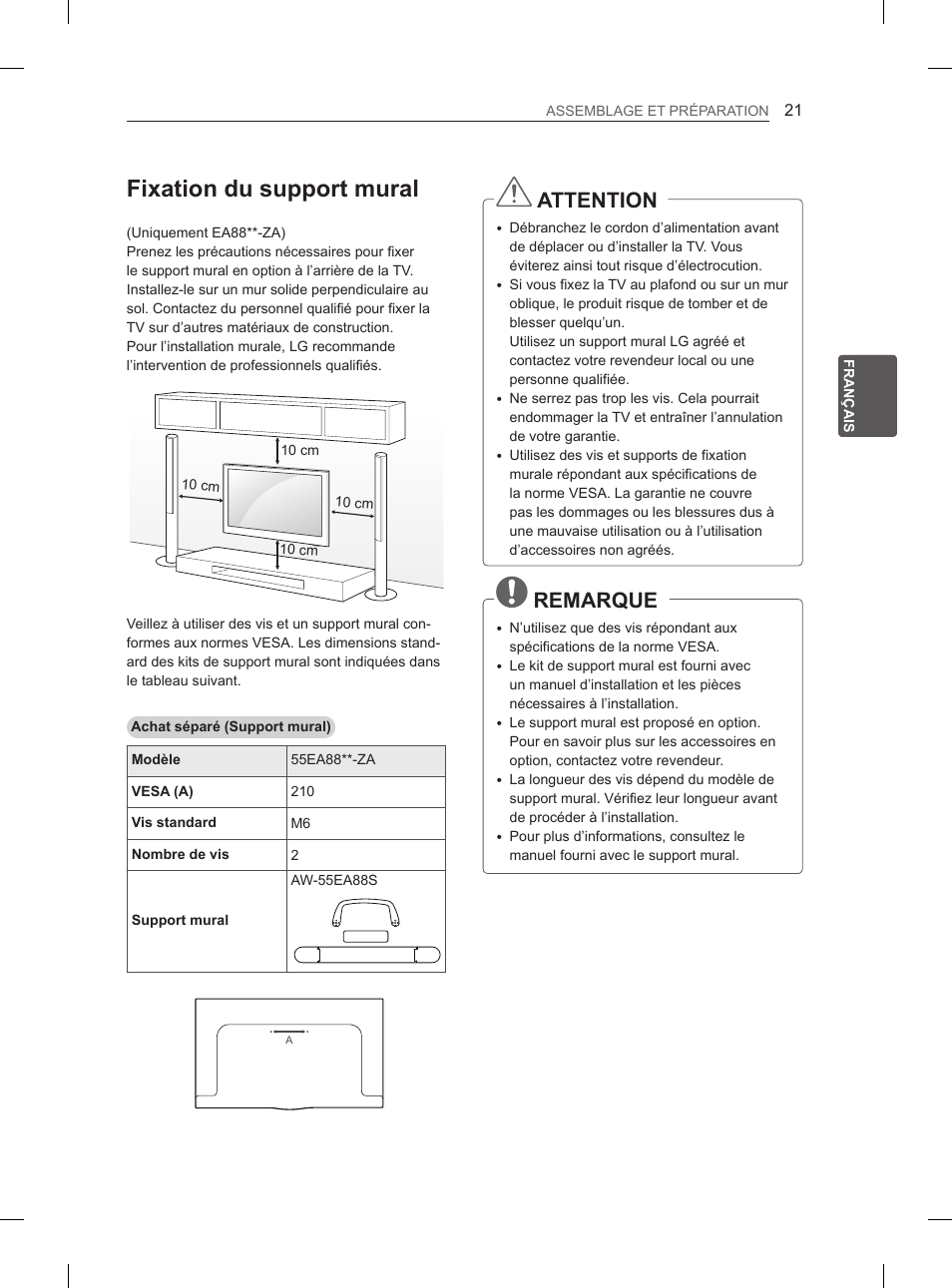 Fixation du support mural, Attention, Remarque | LG 55EA980V User Manual | Page 120 / 319