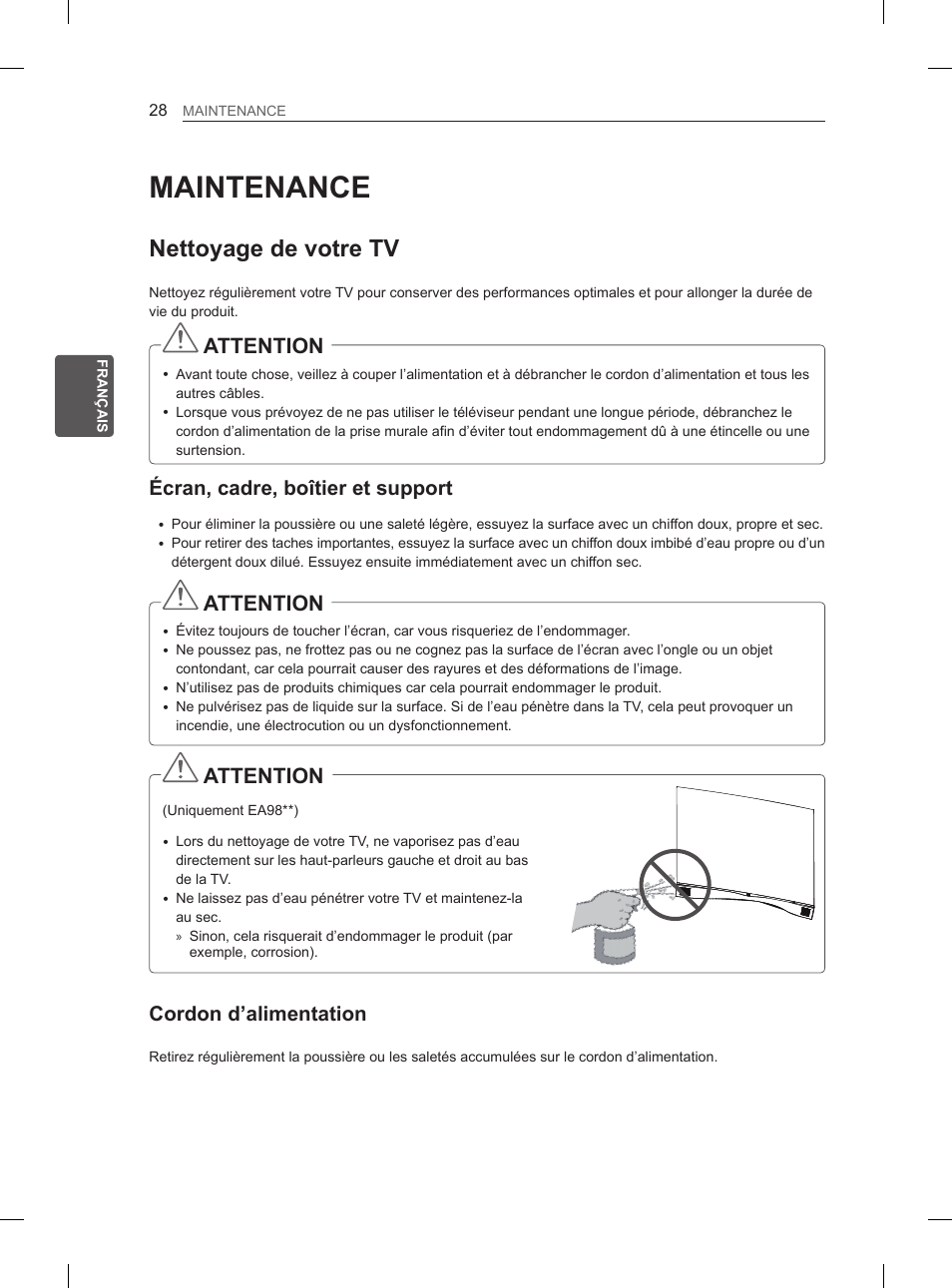 Maintenance, Nettoyage de votre tv, Attention | Écran, cadre, boîtier et support, Cordon d’alimentation | LG 55EA980V User Manual | Page 127 / 319