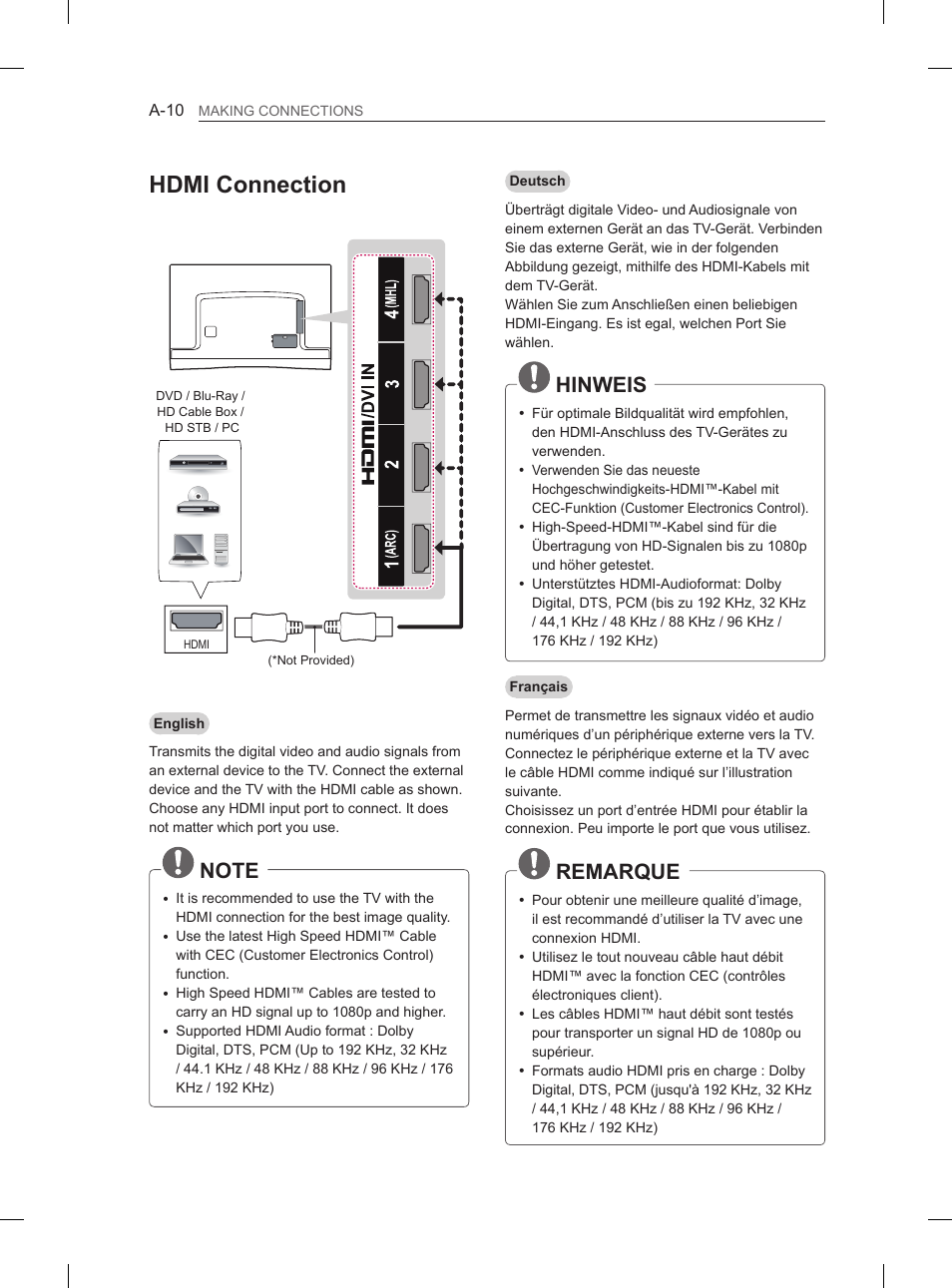 Hdmi connection, Hinweis, Remarque | LG 55EA980V User Manual | Page 13 / 319