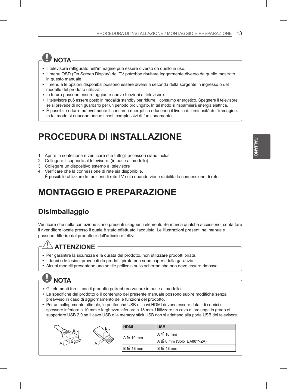 Procedura di installazione, Montaggio e preparazione, Disimballaggio | Nota, Attenzione | LG 55EA980V User Manual | Page 142 / 319