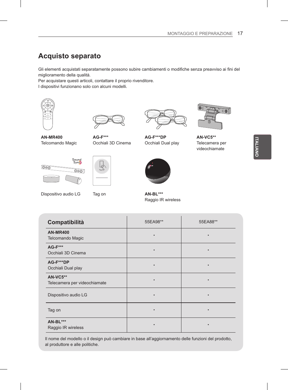 Acquisto separato, Compatibilità | LG 55EA980V User Manual | Page 146 / 319